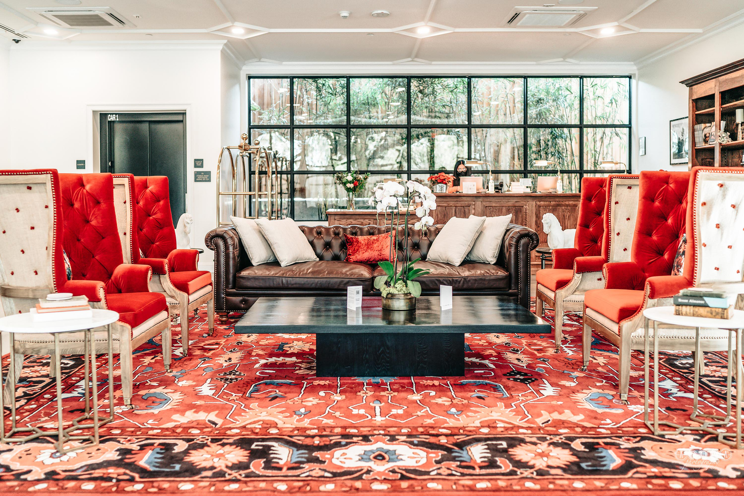 lobby area with red carpet, seating and a large window in the background