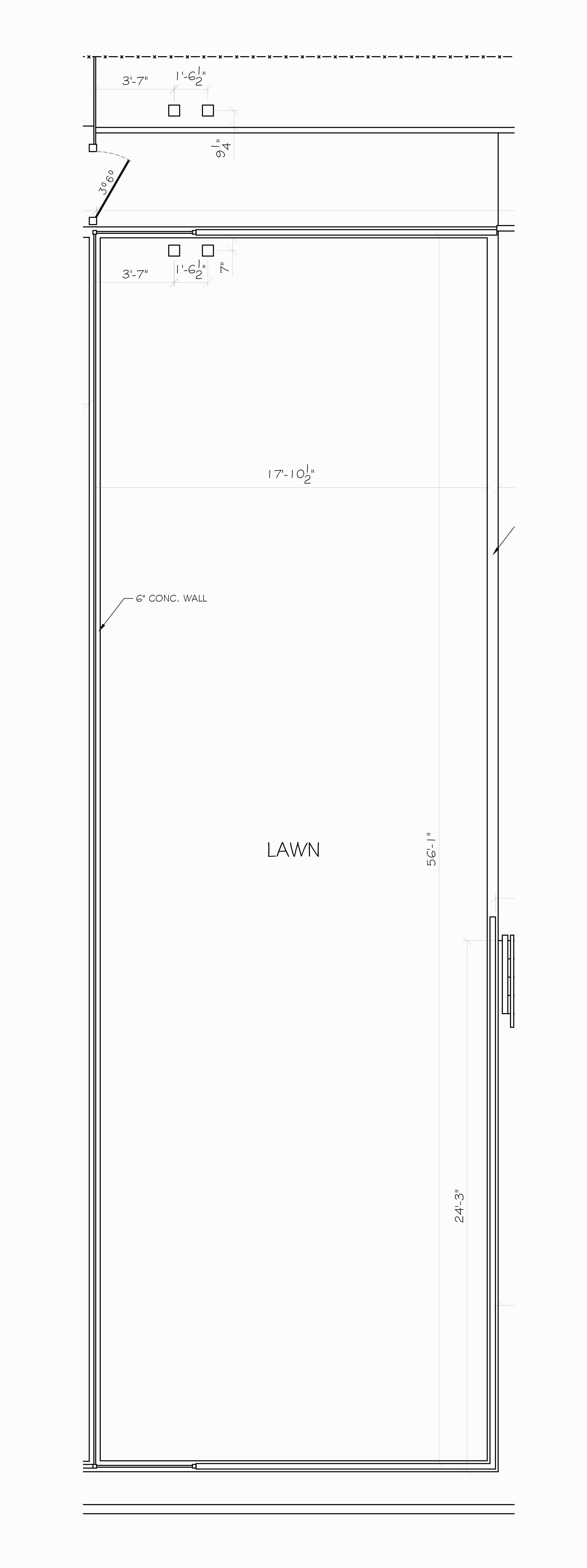 Architectural floor plan of a backyard with a lawn area, concrete wall, and two small structures near the top left corner.