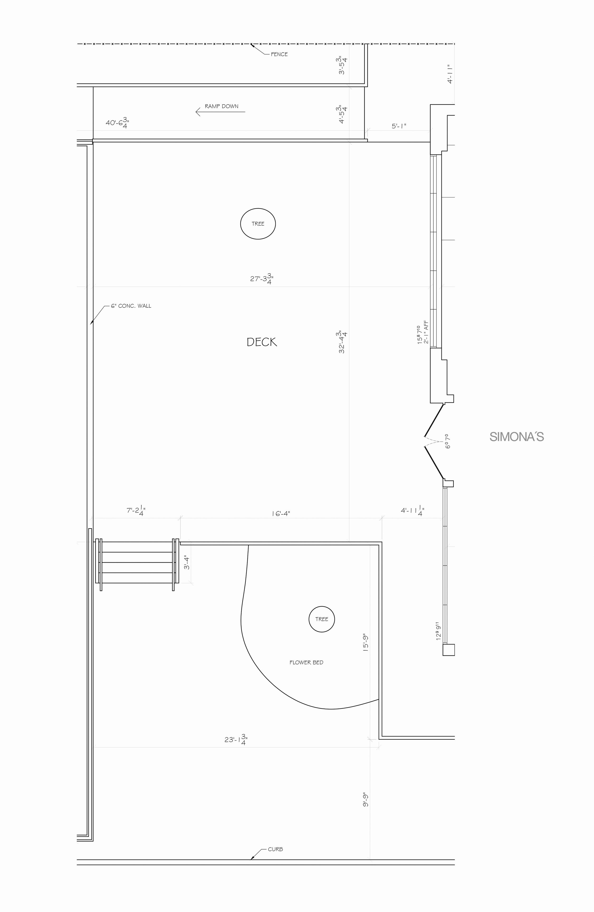 Architectural blueprint of a deck and an adjacent smaller room with a flower bed and trees, including dimensions and construction details.