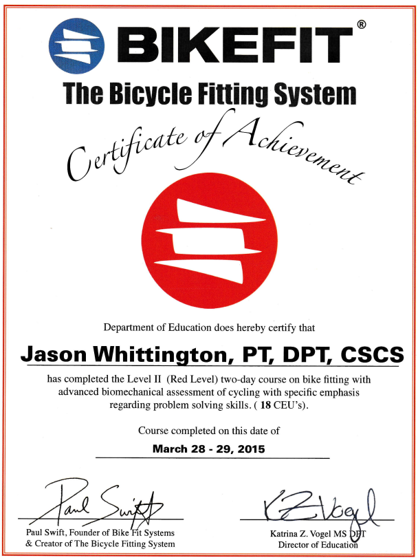 BIKEFIT Certificate of Achievement for Level 2 of The Bicycle Fitting System awarded to Jason Whittington.