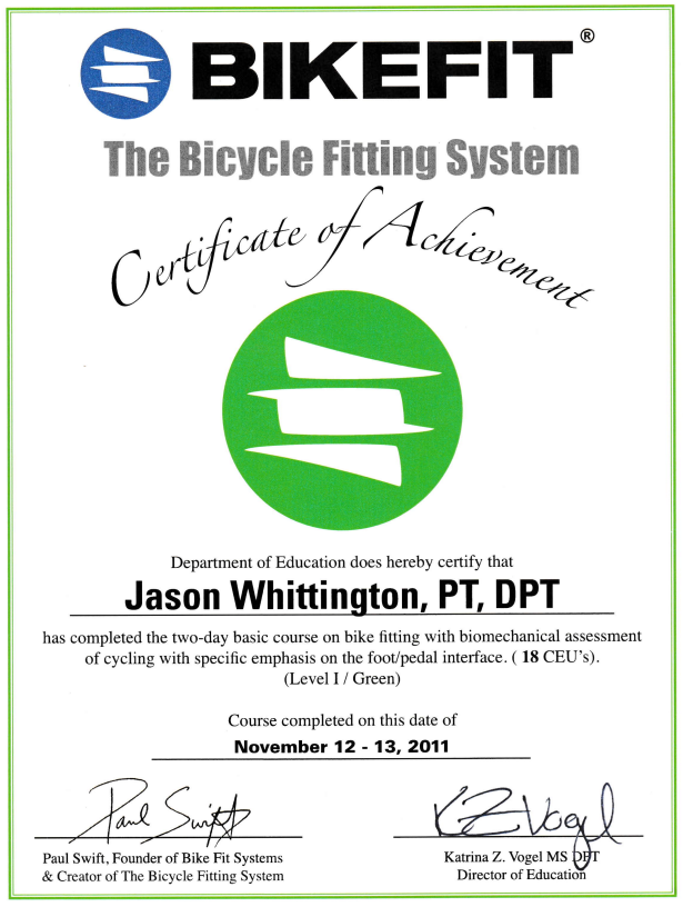 BIKEFIT Certificate of Achievement for Level 1 of The Bicycle Fitting System awarded to Jason Whittington.