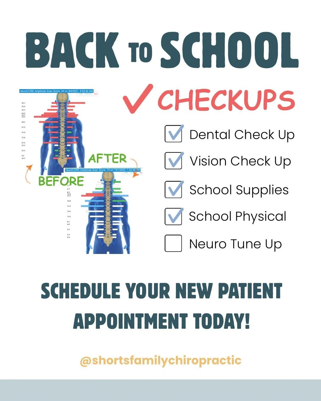 A healthy nervous system is key to optimal performance this school year! Schedule your new patient appointment today! Send us a DM or call 208-310-3470☎️ 

#backtoschool📚