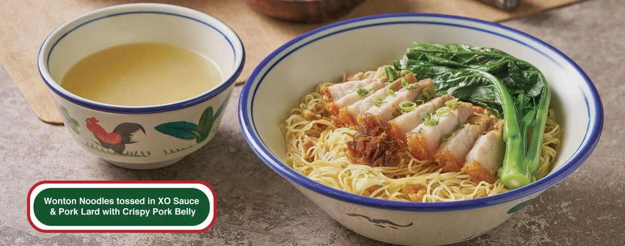 Wonton Noodles tossed in XO Sauce &amp; Pork Lard with Crispy Pork-Belly