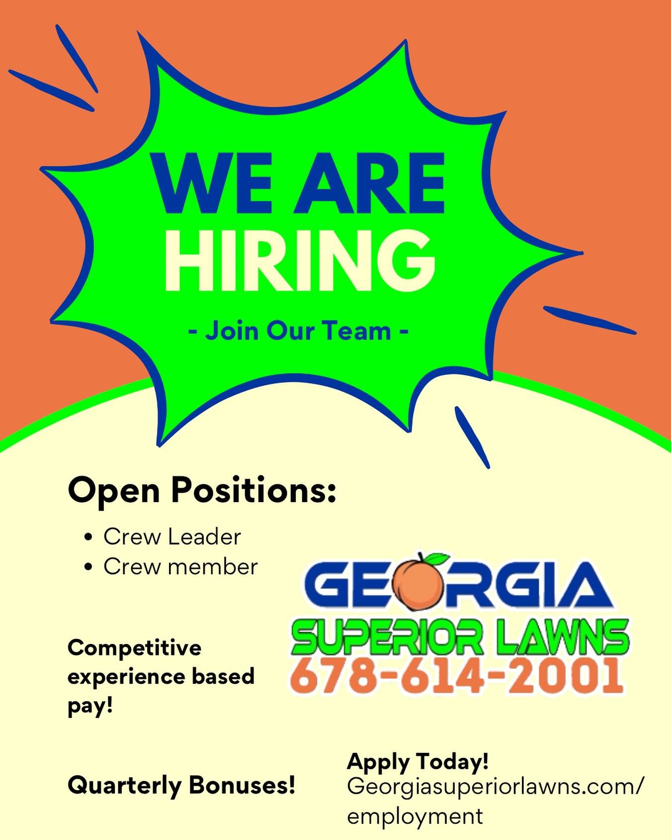 ‼️HAPPENING NOW ‼️

Georgia Superior Lawns is currently hiring for crew leaders and crew members! The idea candidates are punctual with an eye for detail. A clean driving record and DOT certified is a plus. The pay package is competitive and experien