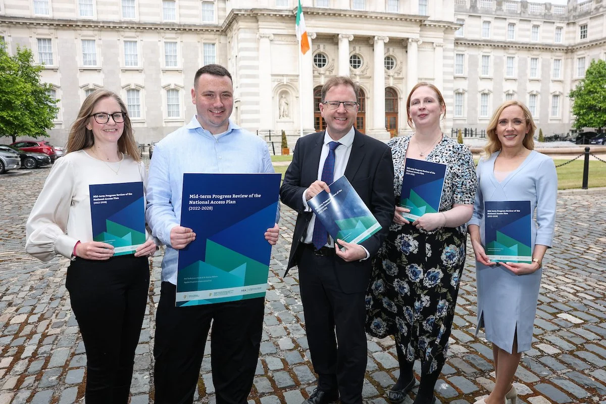 Ministers with Applied Inspiration's Sinéad Lynch and Seán McDermott celebrating the publication of the mid-term review of Ireland's National Plan for Equity of Access to Higher Education (2022–2028) 