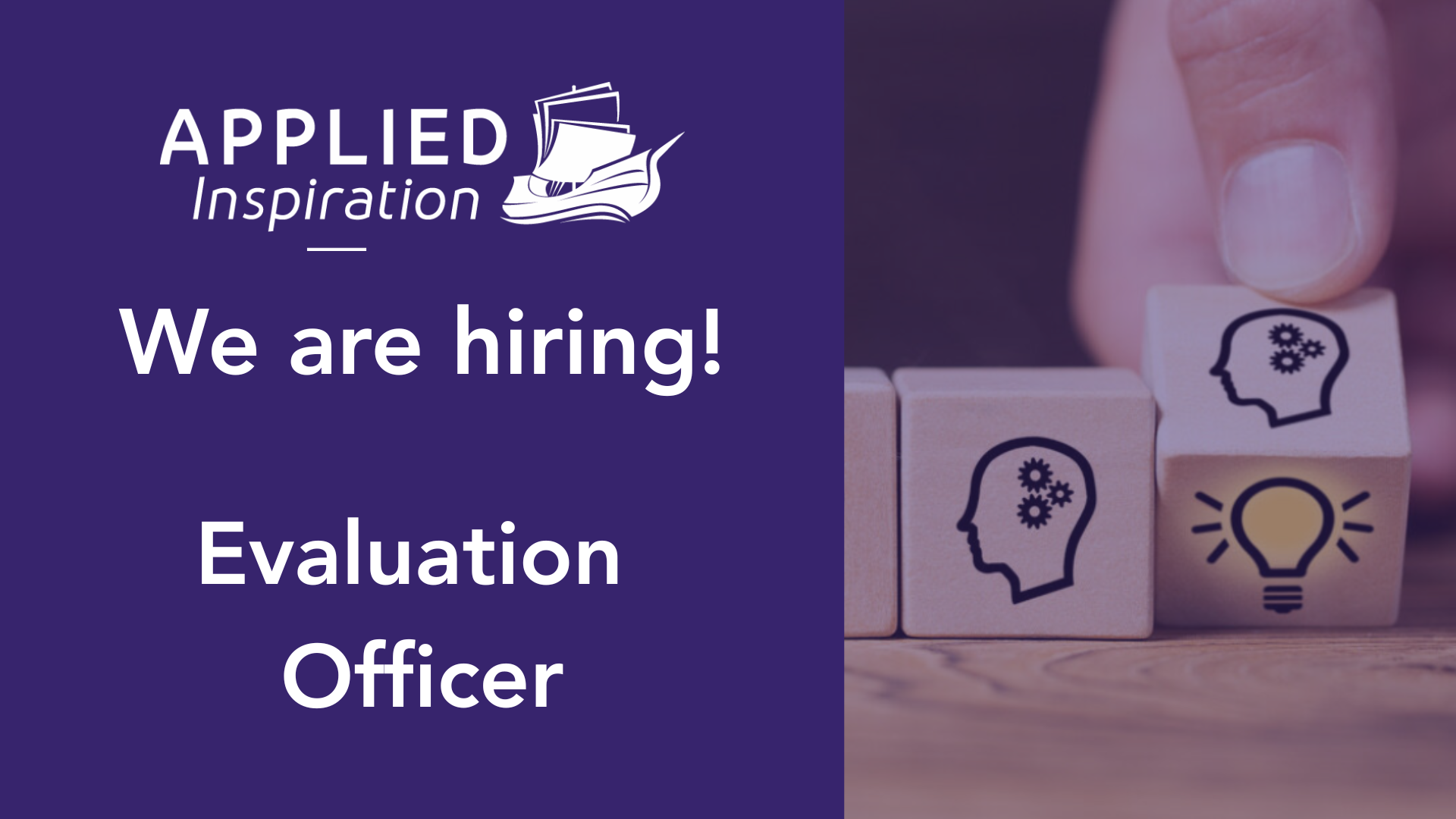 Applied Inspiration is hiring an Evaluation Officer — purple recruitment banner with Applied Inspiration logo and wooden blocks showing head-with-gears and lightbulb icons symbolizing ideas and evaluation.