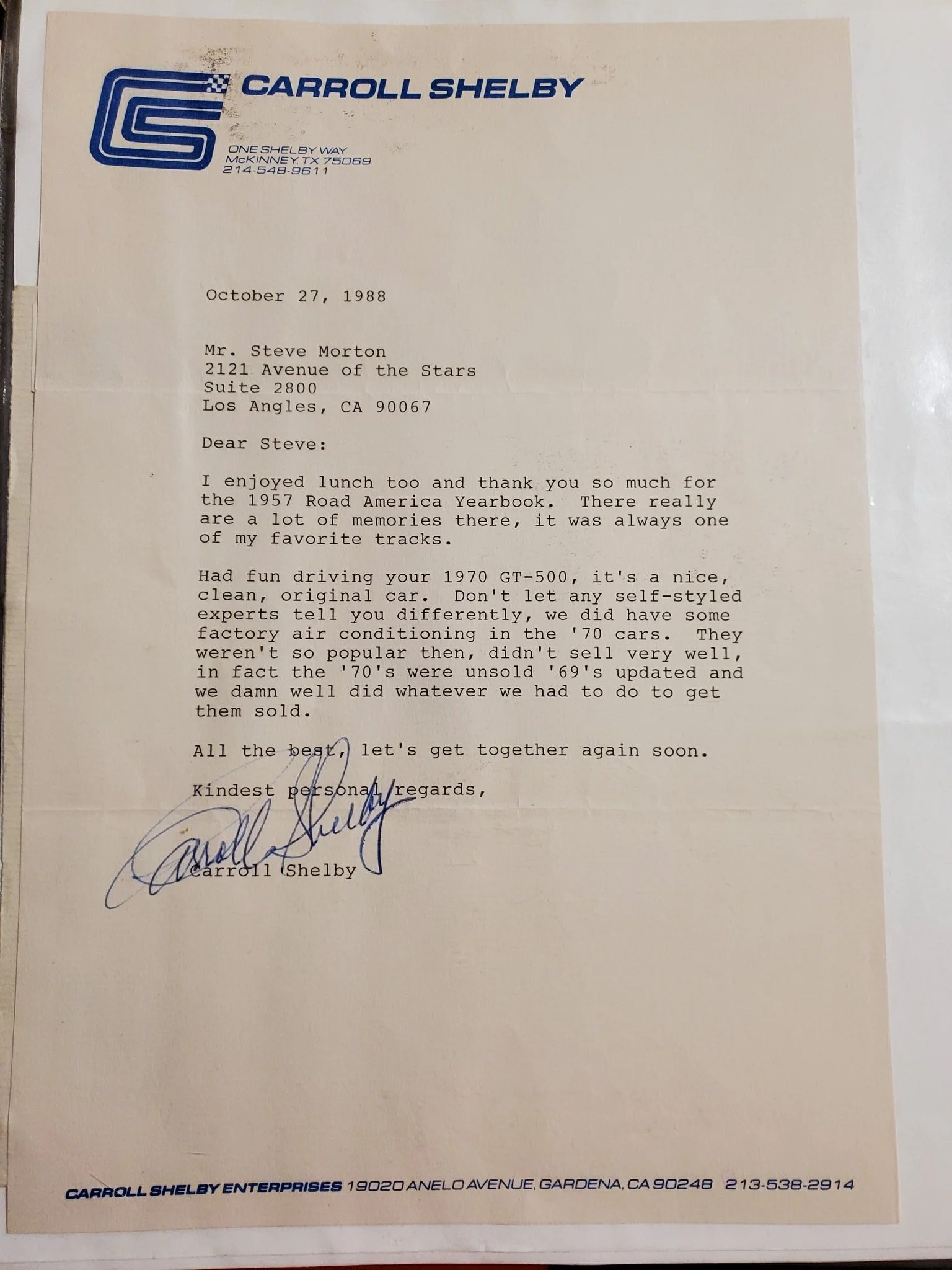 1970 Ford Shelby GT500 Super Cobra Jet Convertible - Carroll Shelby Letter