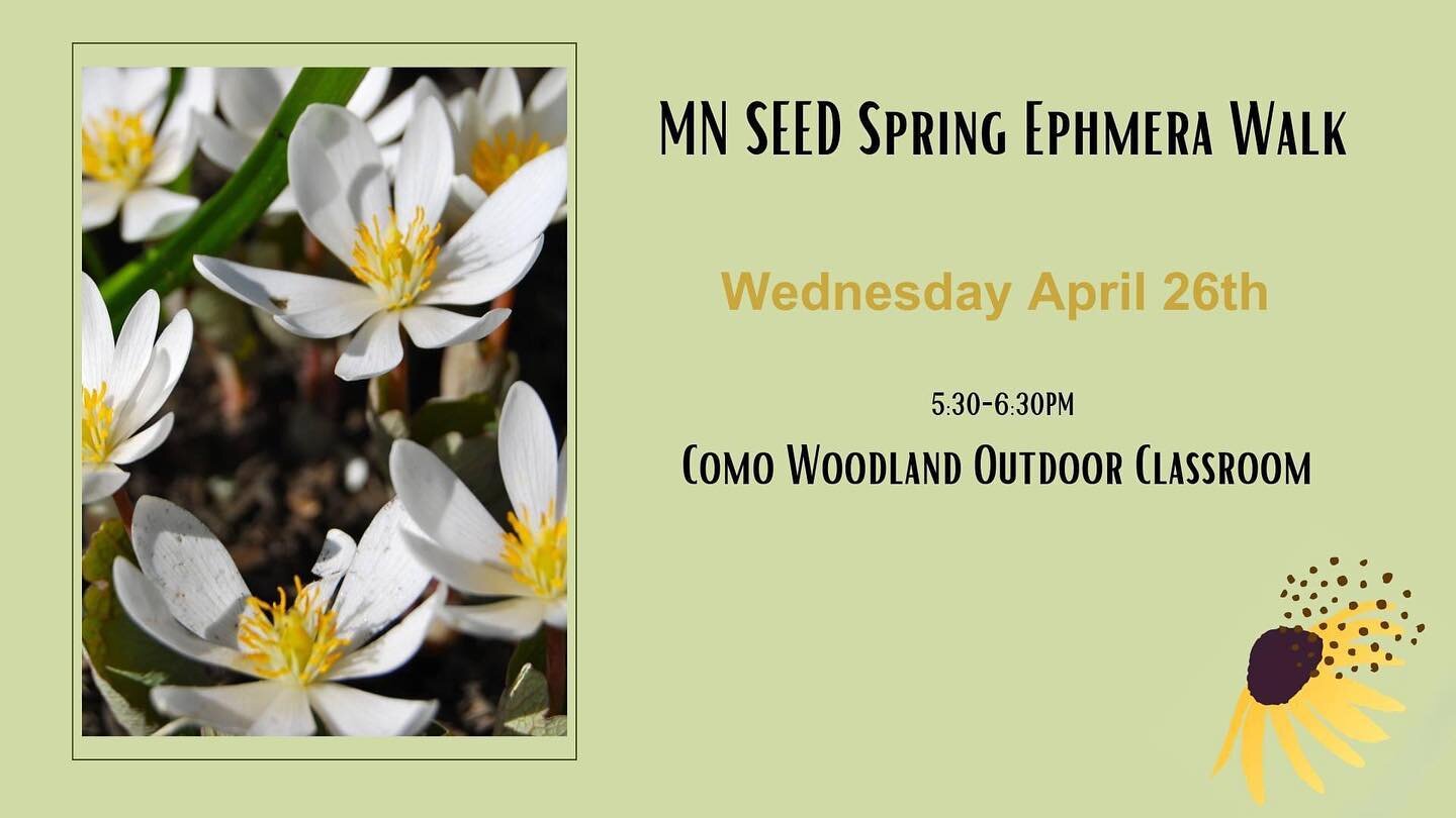 MN SEED Spring Ephemera Walk 
at Como Woodland outdoor classroom

Wednesday, April 26 from 5:30 to 6:30 (We&rsquo;ll meet at the Joyce Kilmer Memorial Fireplace at 5:30 and explore from there. )

Please email MNSEED@Northerngardener.org to save a spo