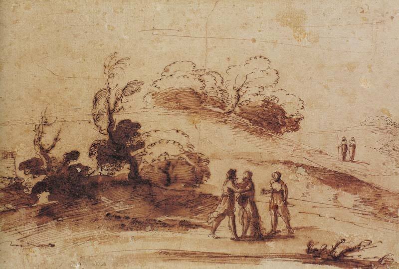 Three Figures on a path by Il Guercino