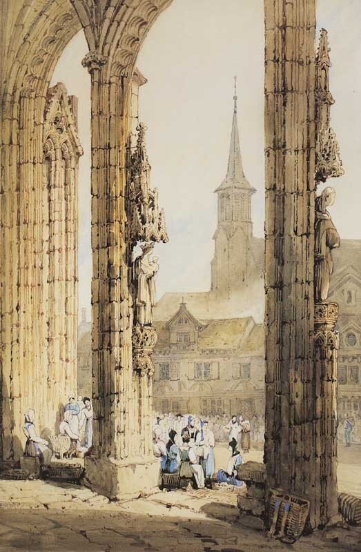 Figures in the west porch of a cathedral by Samuel Prout