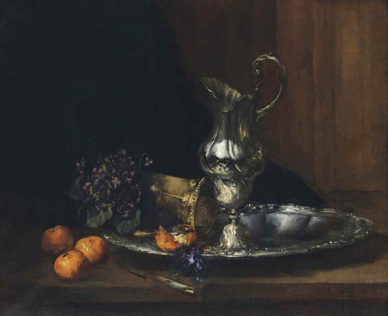 A Silver Jug with Oranges and Flowers by Antoine Vollon