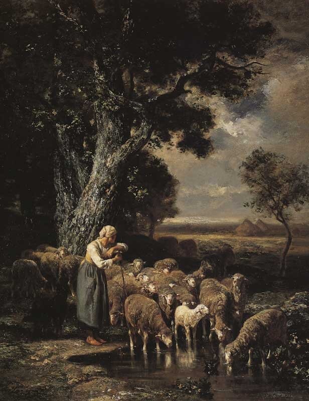 Shepherdess with flock of sheep by Charles Émile Jacque