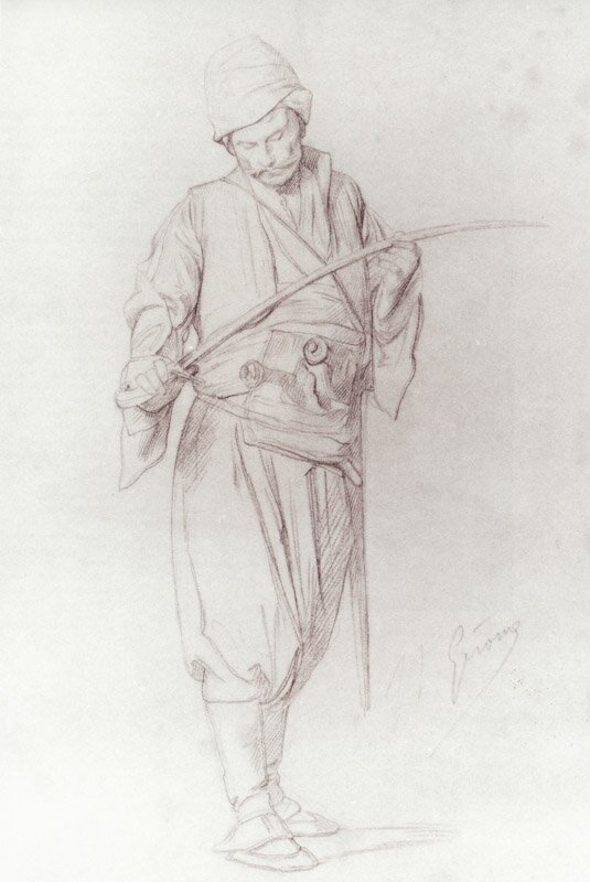 Study of the central character in 'Old clothes merchant in Cairo' by Jean Léon Gerôme 