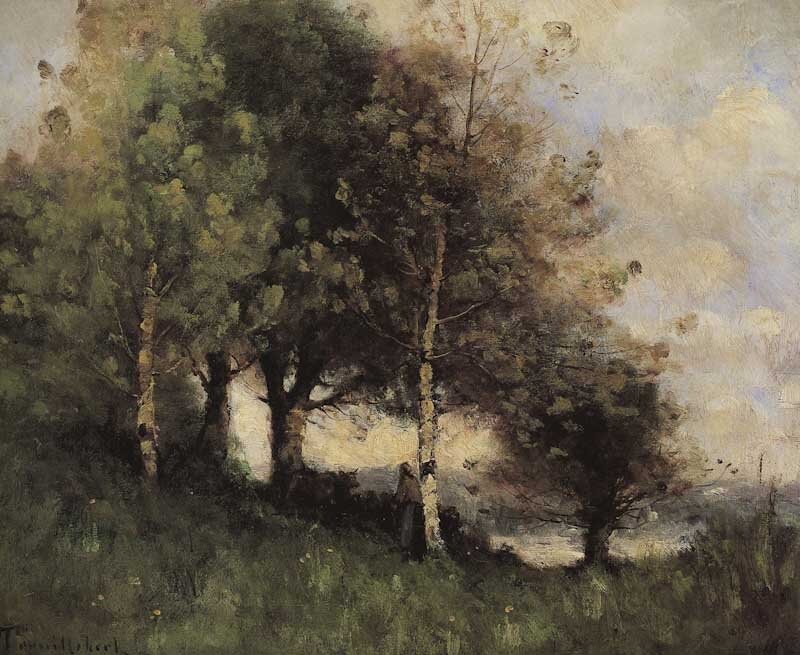 Shepherd in landscape with trees by Paul Désiré Trouillebert