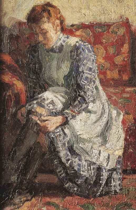 Seated Woman putting on her boots by Karoly Kotasz