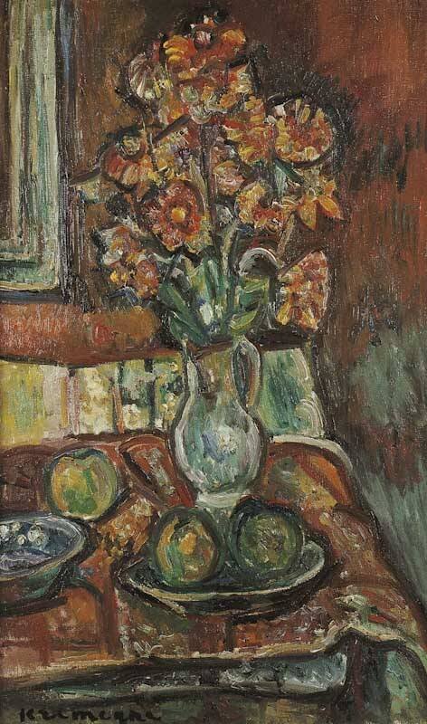 Still life with fruit, flowers and vase by Pinchus Krémègne