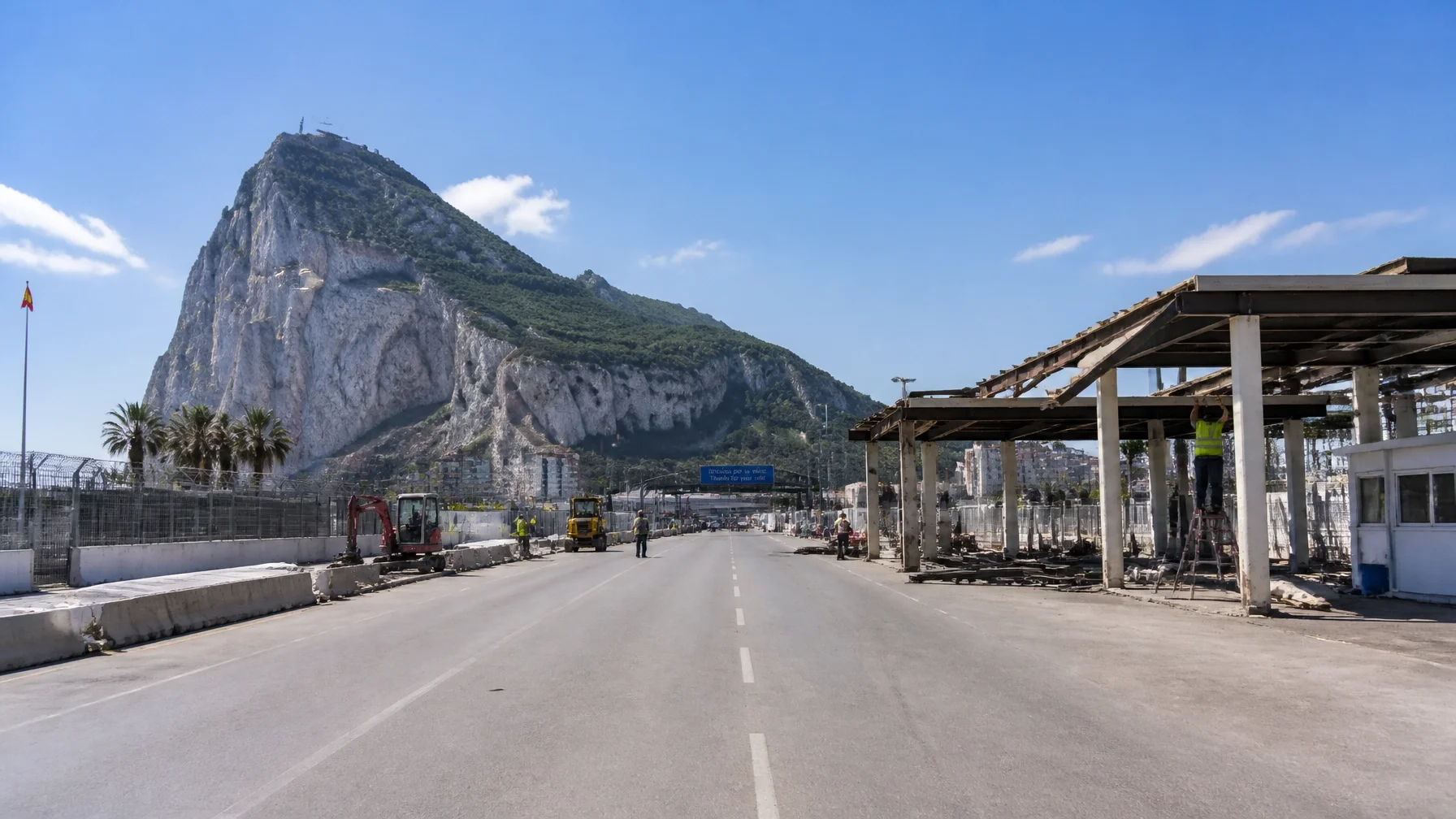 A professional photograph of the Gibraltar-Spain border area in June 2026, showing the open road towards the Rock