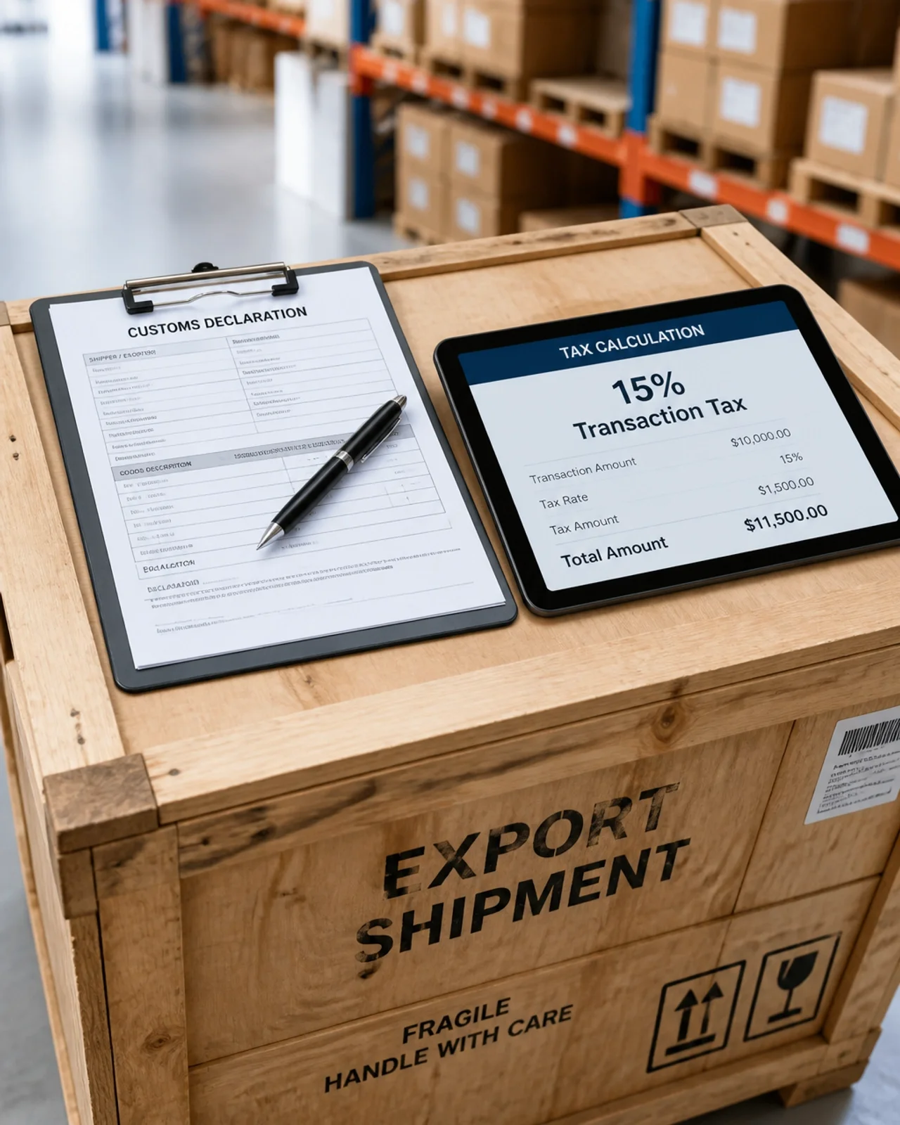 Customs documentation and tax calculation on a shipping crate