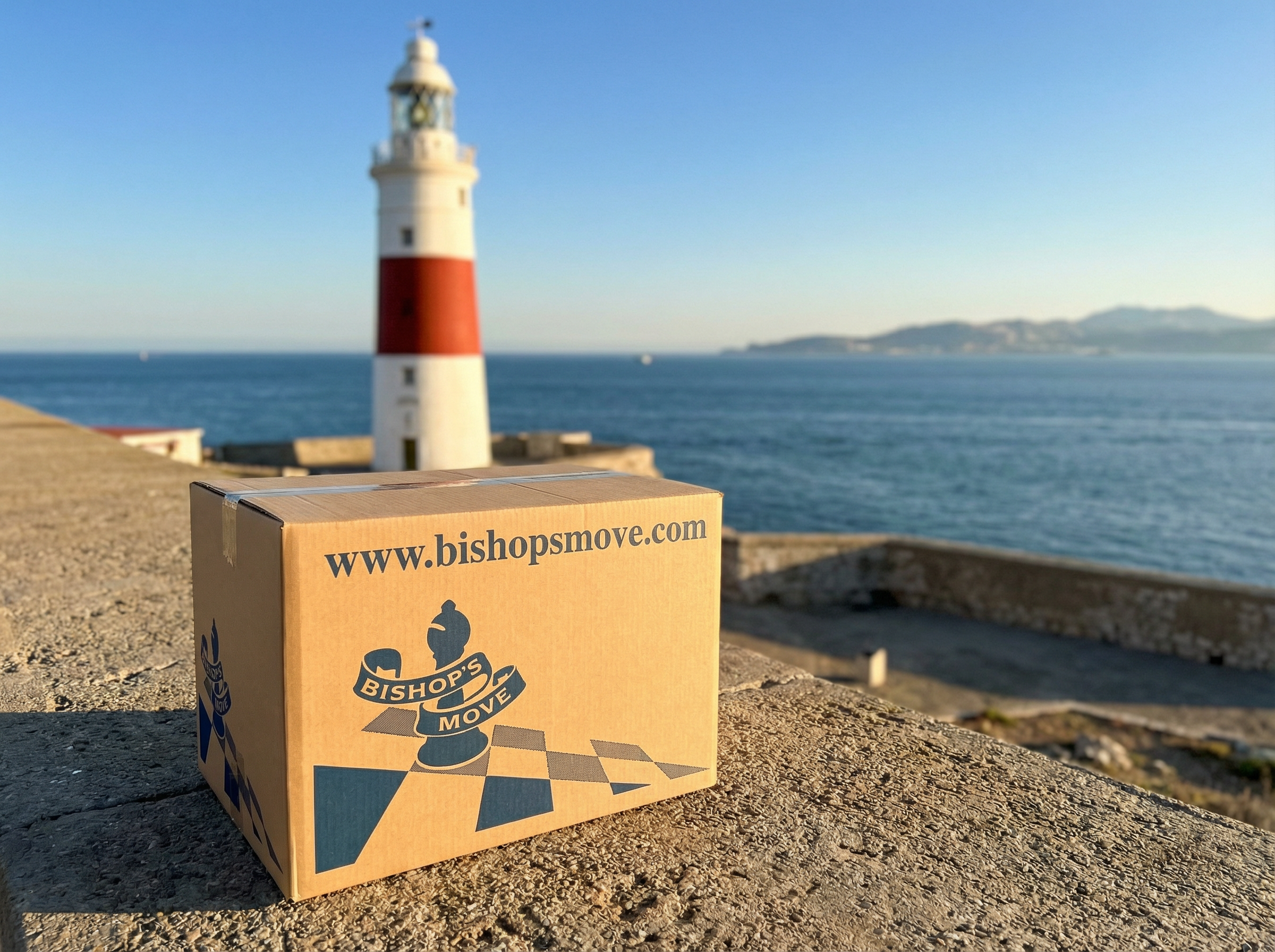 Moving box in front of lighthouse at Europa Point