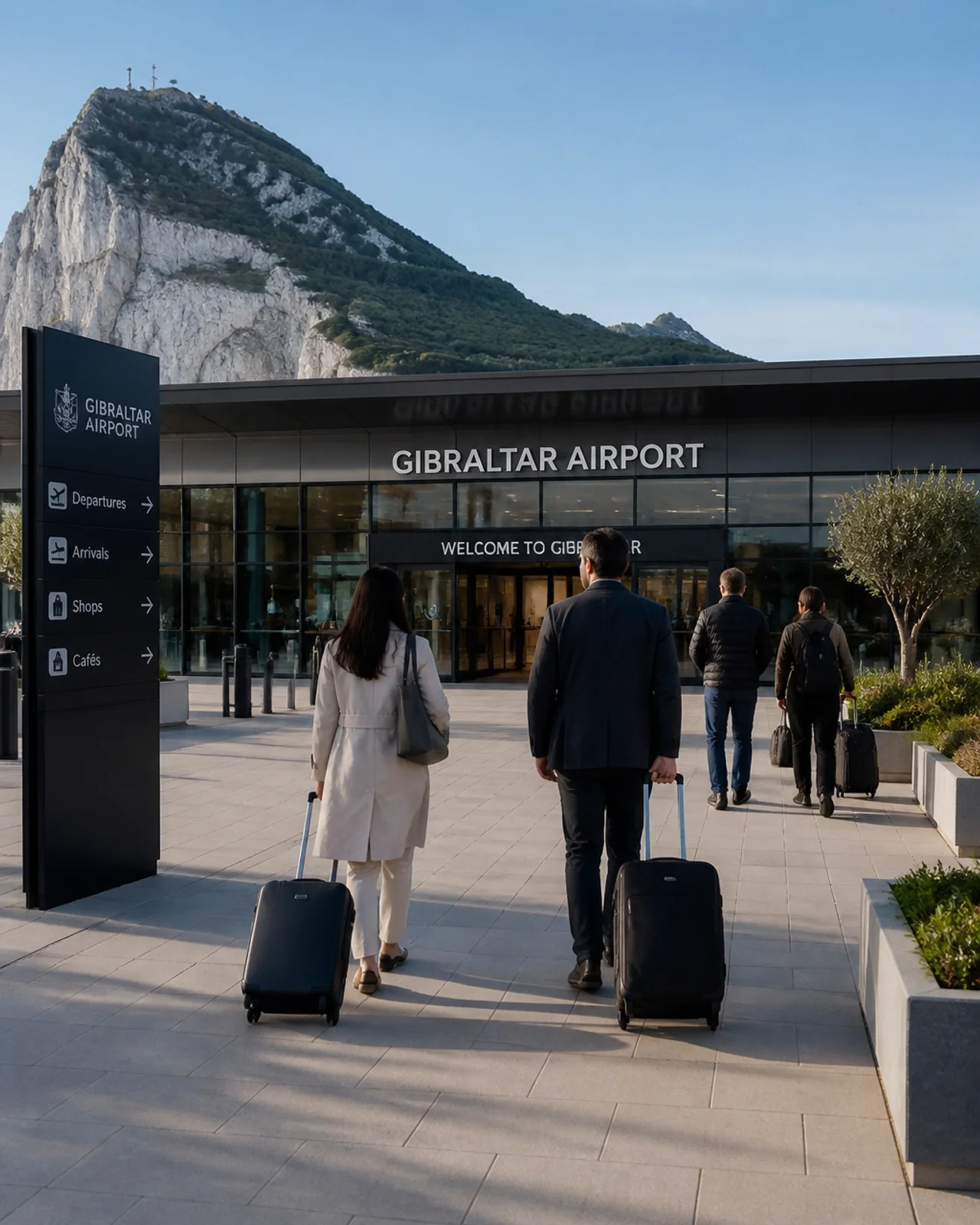 A modern airport terminal in Gibraltar with travellers