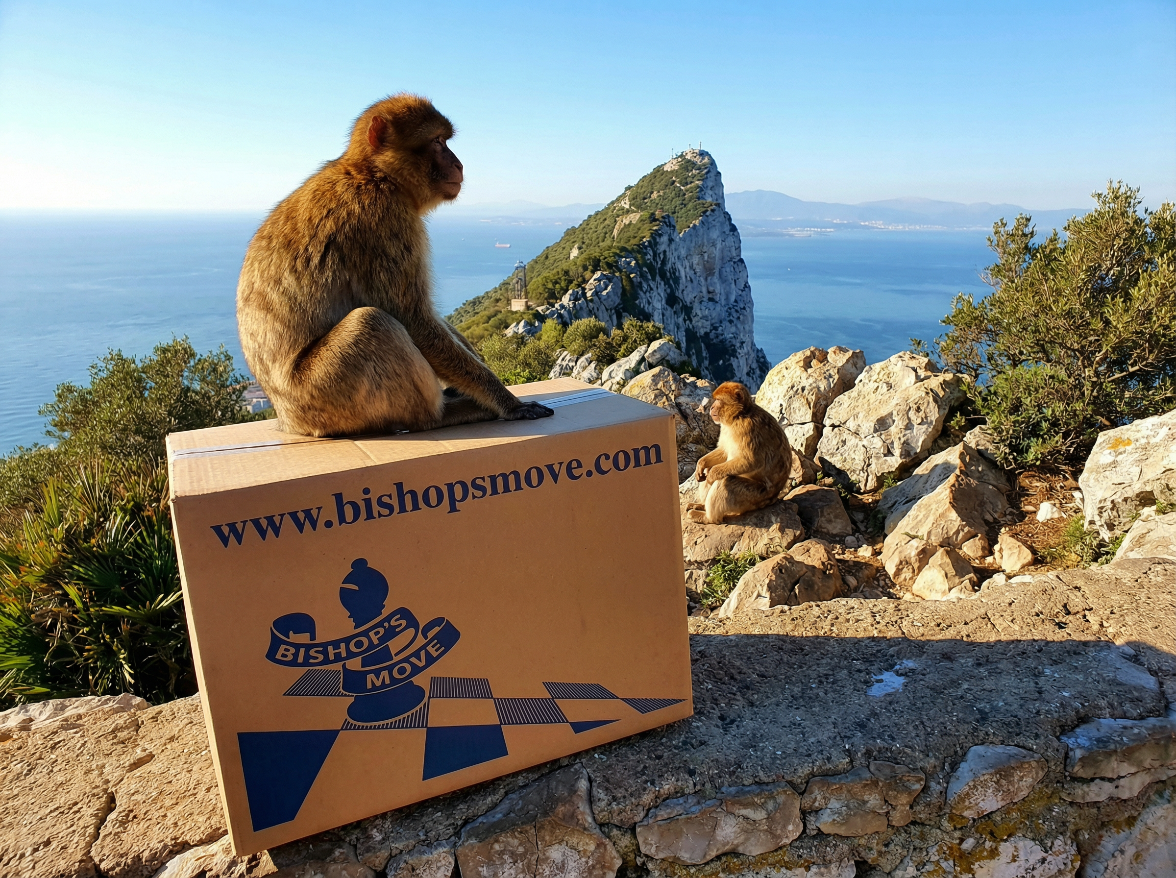 Barbary macaques with a Bishop's Move box at the Rock of Gibraltar