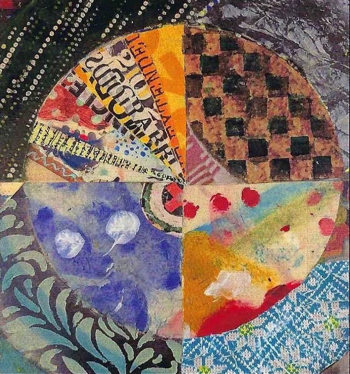 mixed media painting with a circle in four quadrants