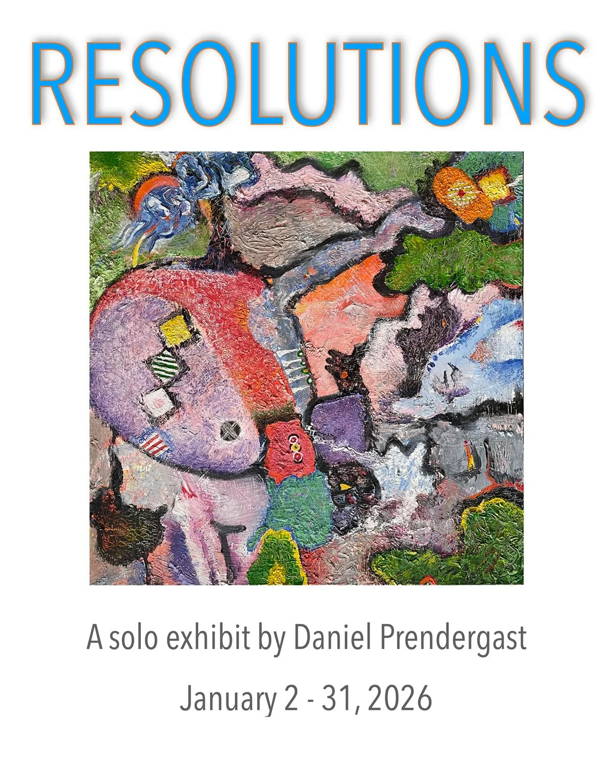 Bright blue letters above abstract painting in many colors