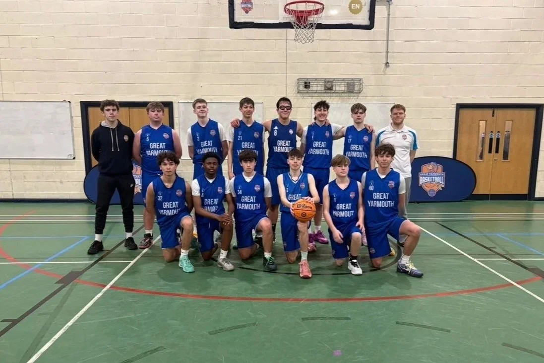 Great Yarmouth Basketball Club team photo of the U16 National League team in the 2025/26 season.
