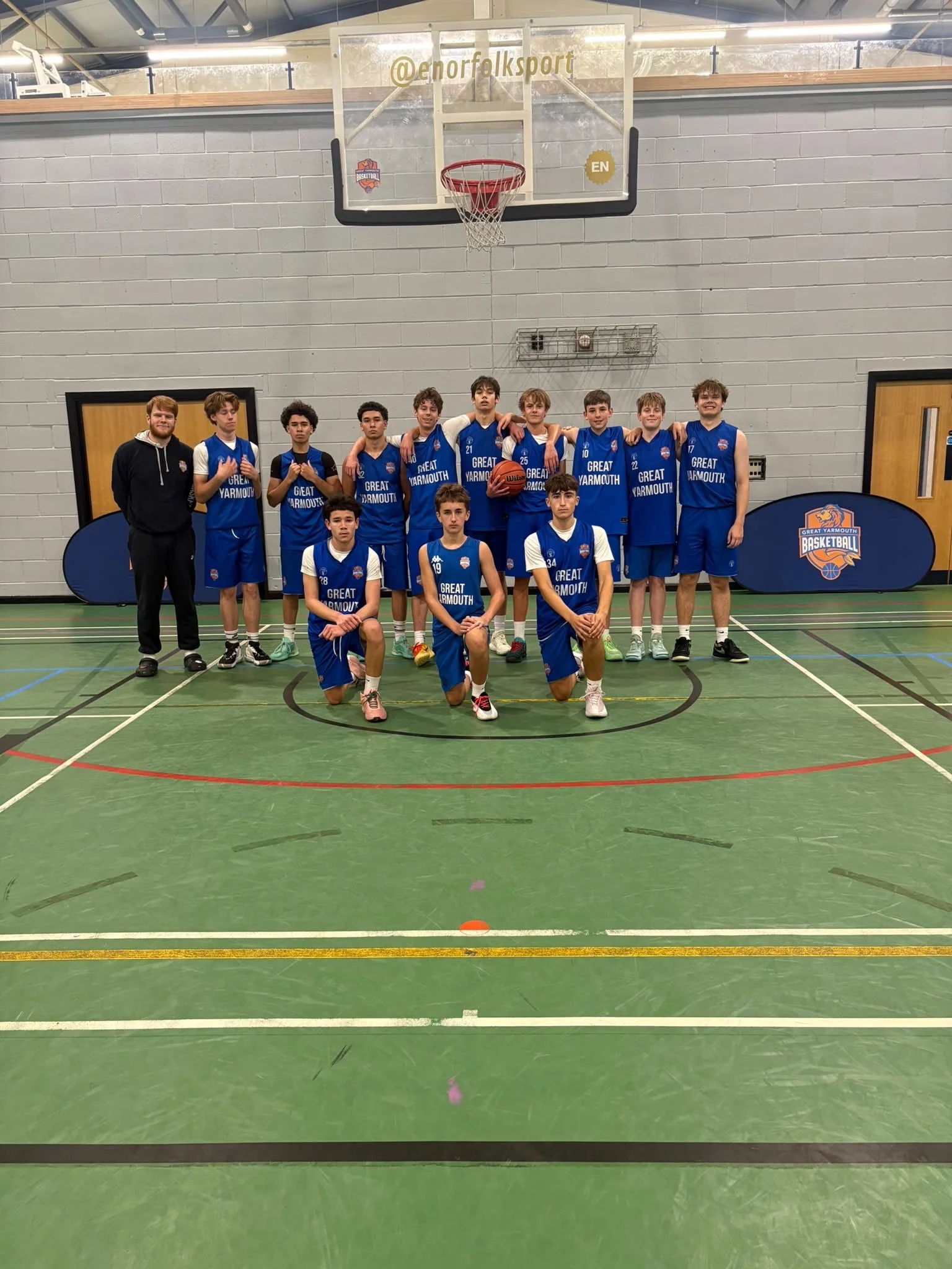 Great Yarmouth Basketball Club U16 Boys team pictured together in their basketball kit.