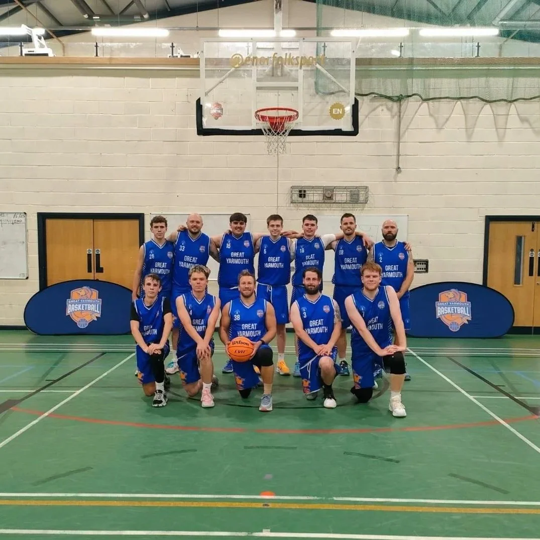 Great Yarmouth Basketball Club men's team photo during the 2025/26 season.