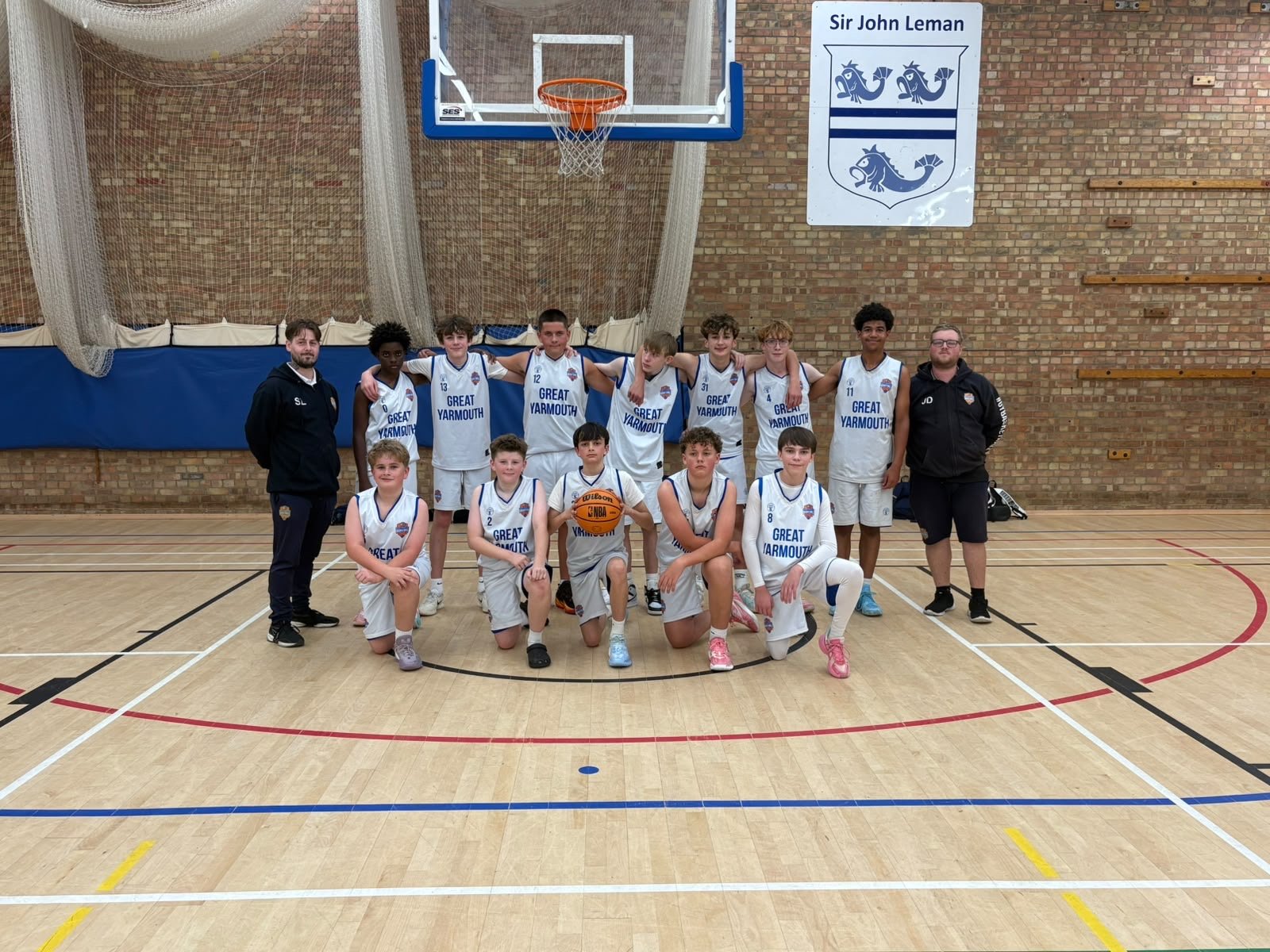 Great Yarmouth U14 Boys basketball players in action against Beccles Bombers at Sir John Leman High School.