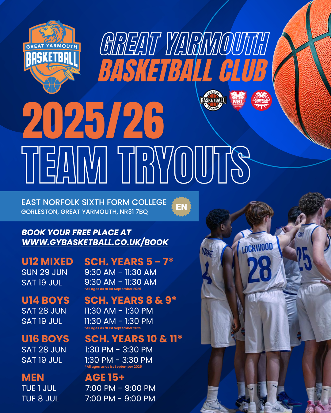 Great Yarmouth Basketball Club 2025/26 Team Tryouts poster with dates, times, and age groups for U12 Mixed, U14 Boys, U16 Boys, and Men’s teams at East Norfolk Sixth Form College. Free booking available at www.gybasketball.co.uk/book.