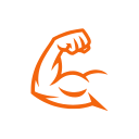 A stylized orange muscular arm flexing