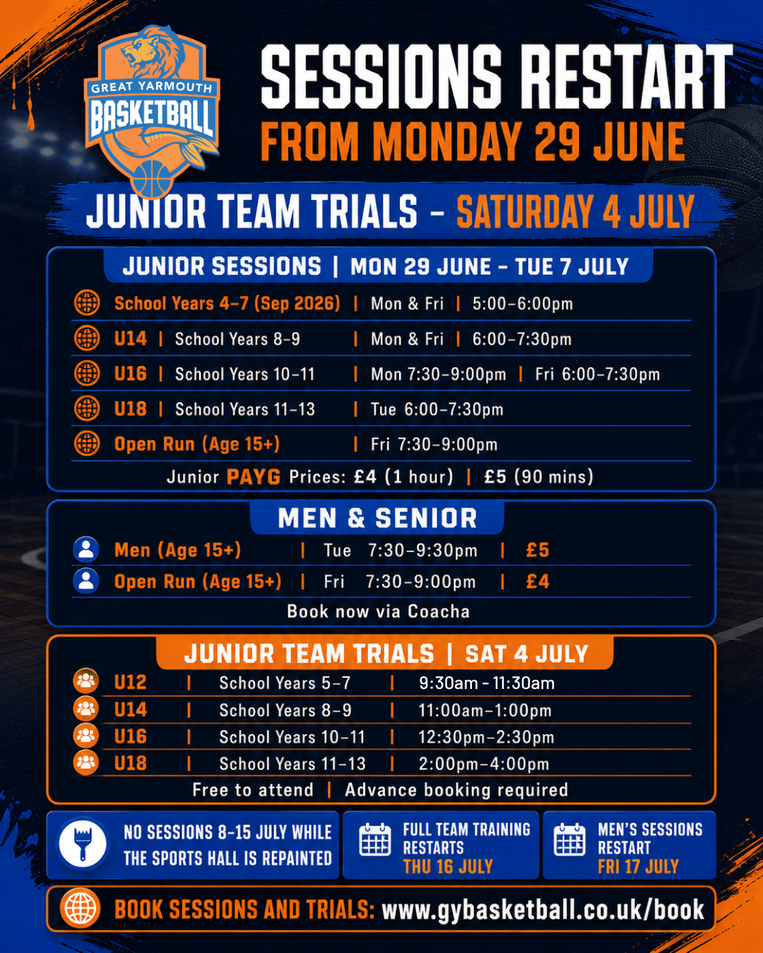 Great Yarmouth Basketball Club graphic announcing basketball sessions restarting, Junior Team Trials on Saturday 4 July, and Sports Hall closure dates.