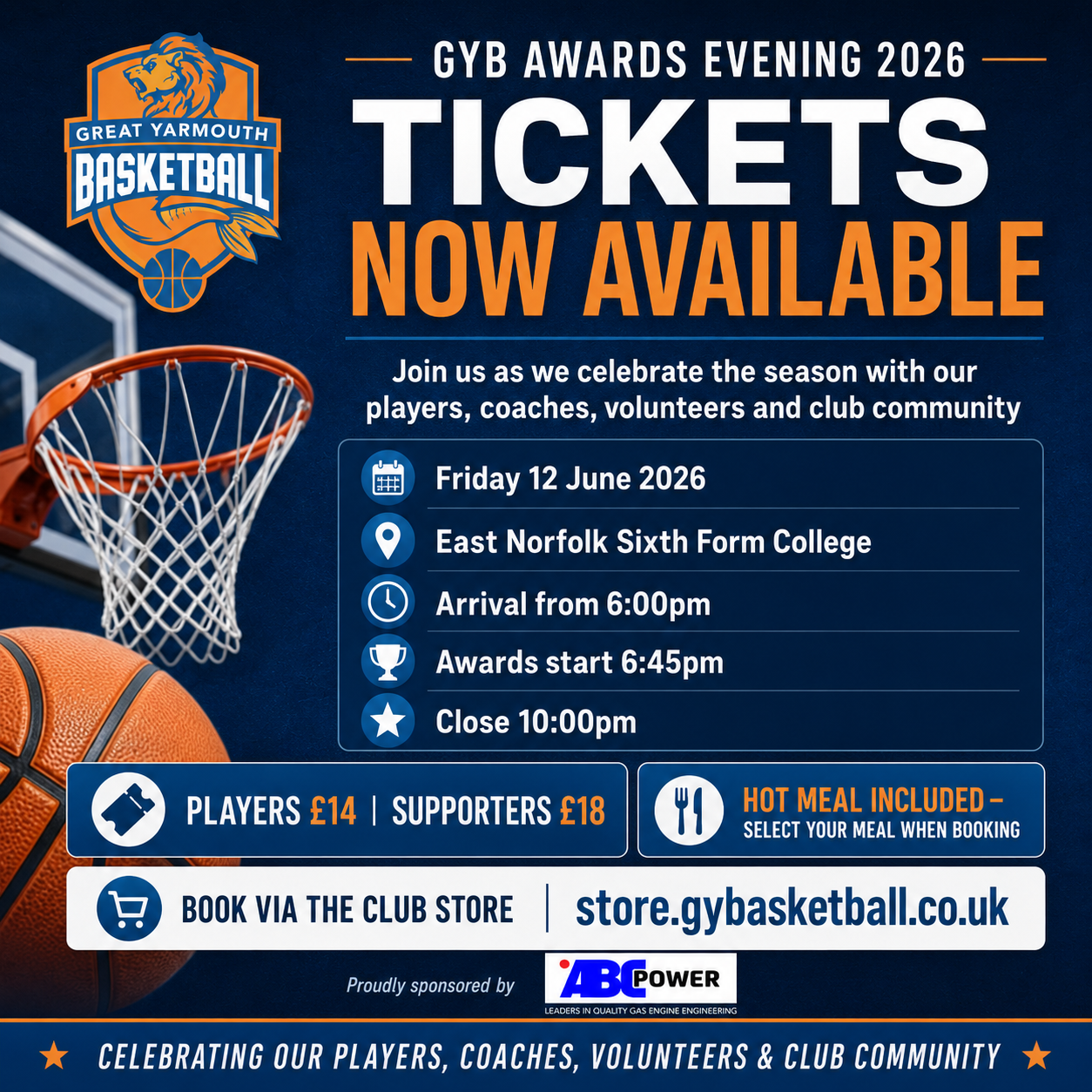 Great Yarmouth Basketball Club End of Season Awards Evening 2026 ticket announcement graphic.
