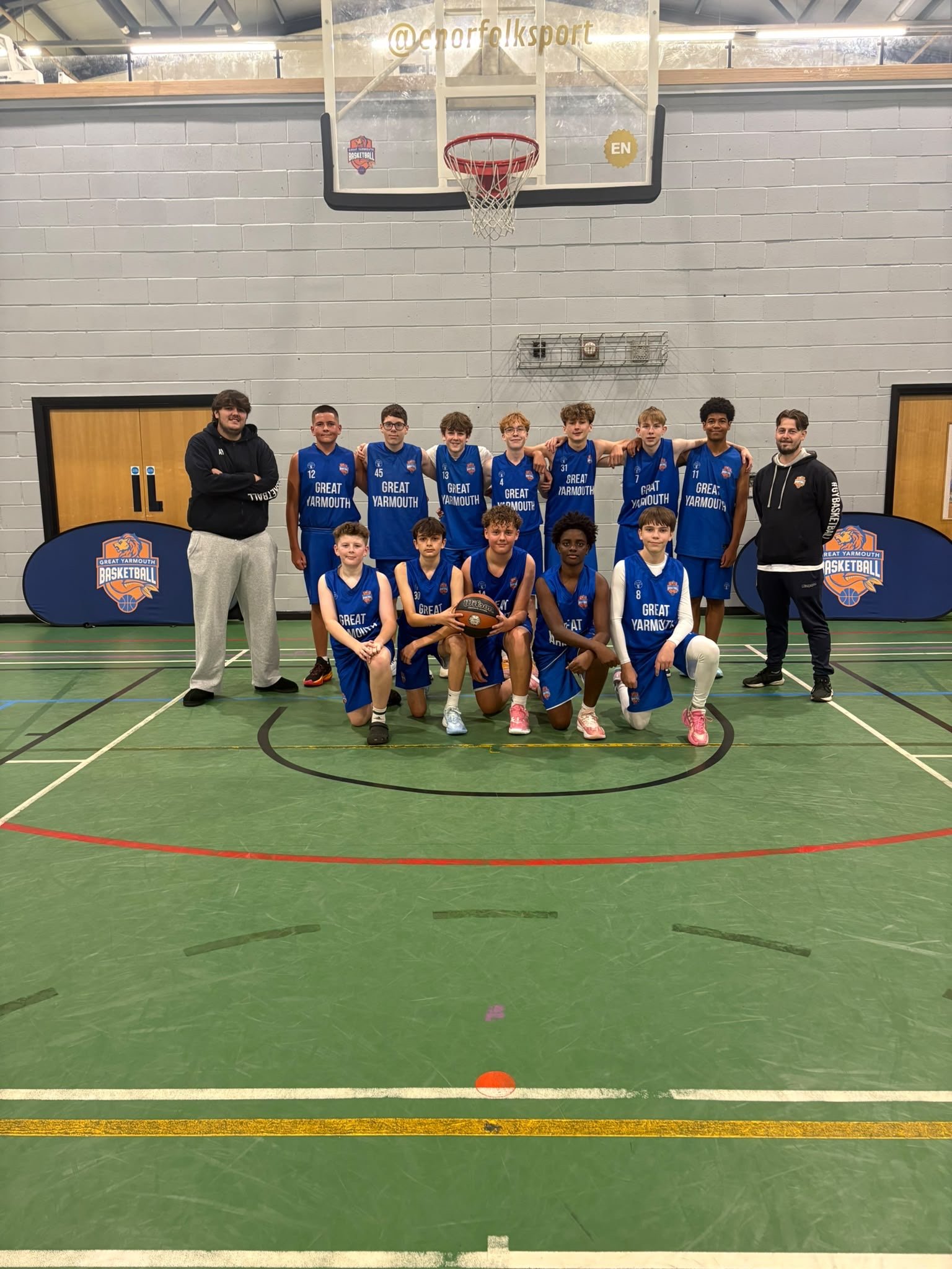 Great Yarmouth Basketball Club U14 Boys team pictured together in their basketball kit.