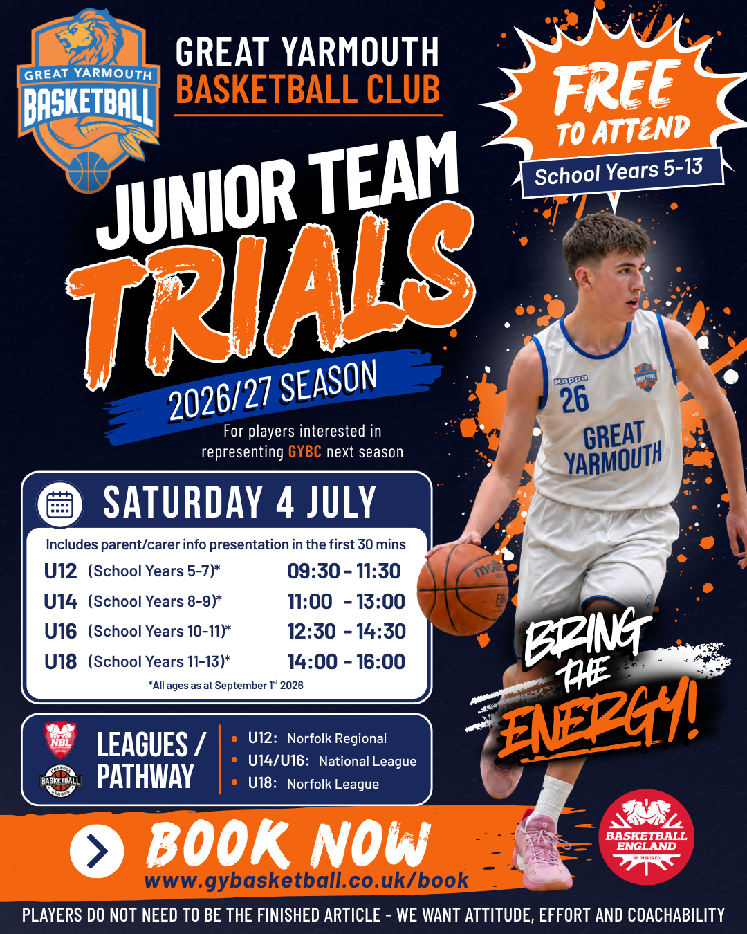 Great Yarmouth Basketball Club junior player dribbling in club kit for Junior Team Trials 2026/27.