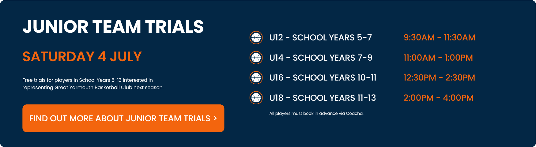 Junior Team Trials 2026/27 on Saturday 4 July, with trial sessions for U12, U14, U16 and U18 players.