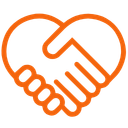 An orange outline of a handshake forming a heart shape.