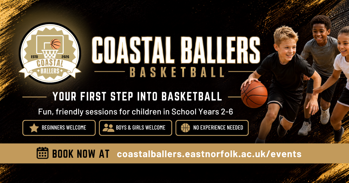 Coastal Ballers Basketball launch graphic promoting weekly children’s basketball sessions in Great Yarmouth and Lowestoft.