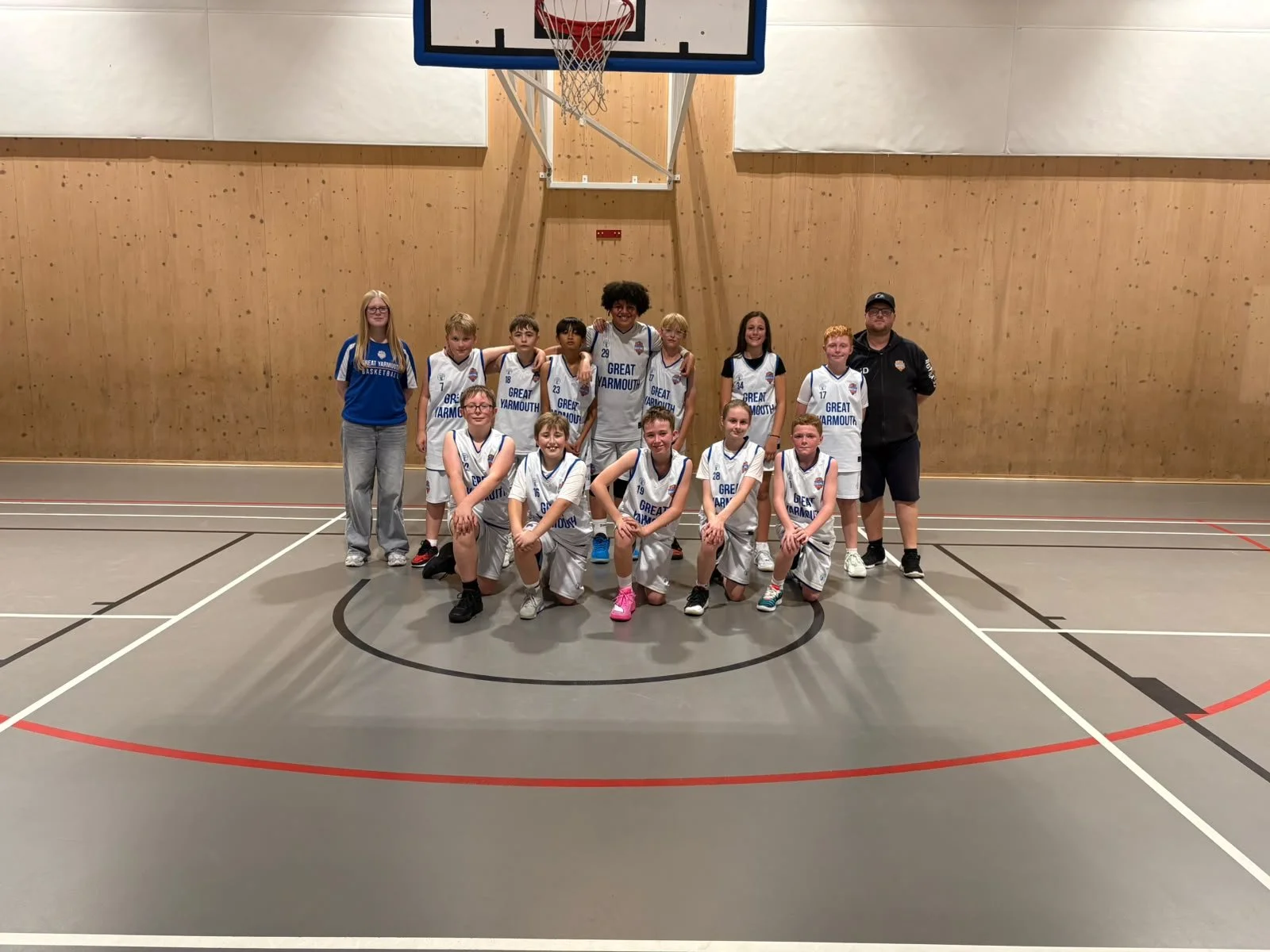 Great Yarmouth U12 Mixed basketball team pictured together at Eileen Ash Sports Hall in Norwich.