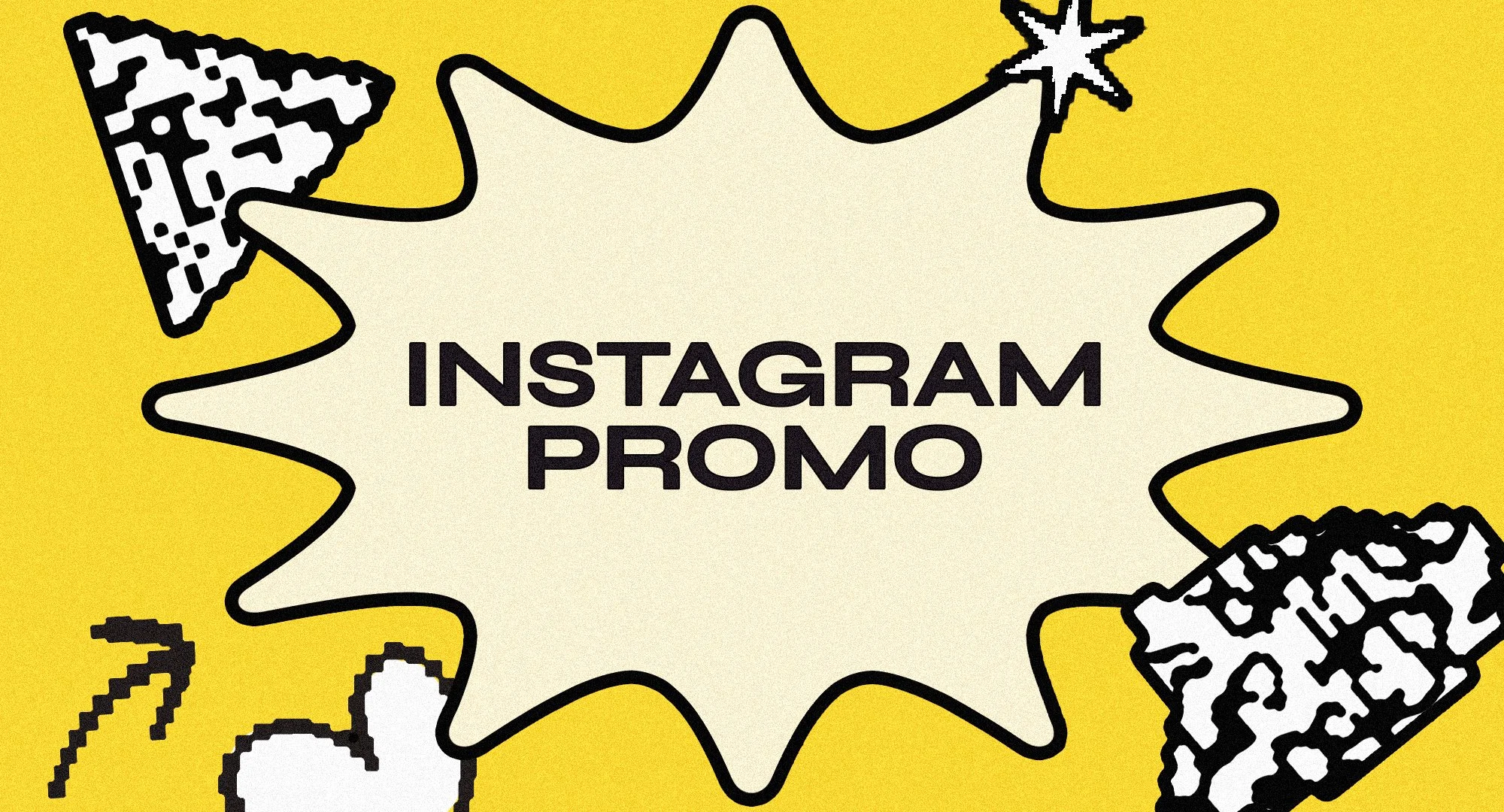 Yellow background with comic-style speech bubble saying "Instagram Promo" surrounded by illustrated pixelated cone and soda, with a pointing hand icon.