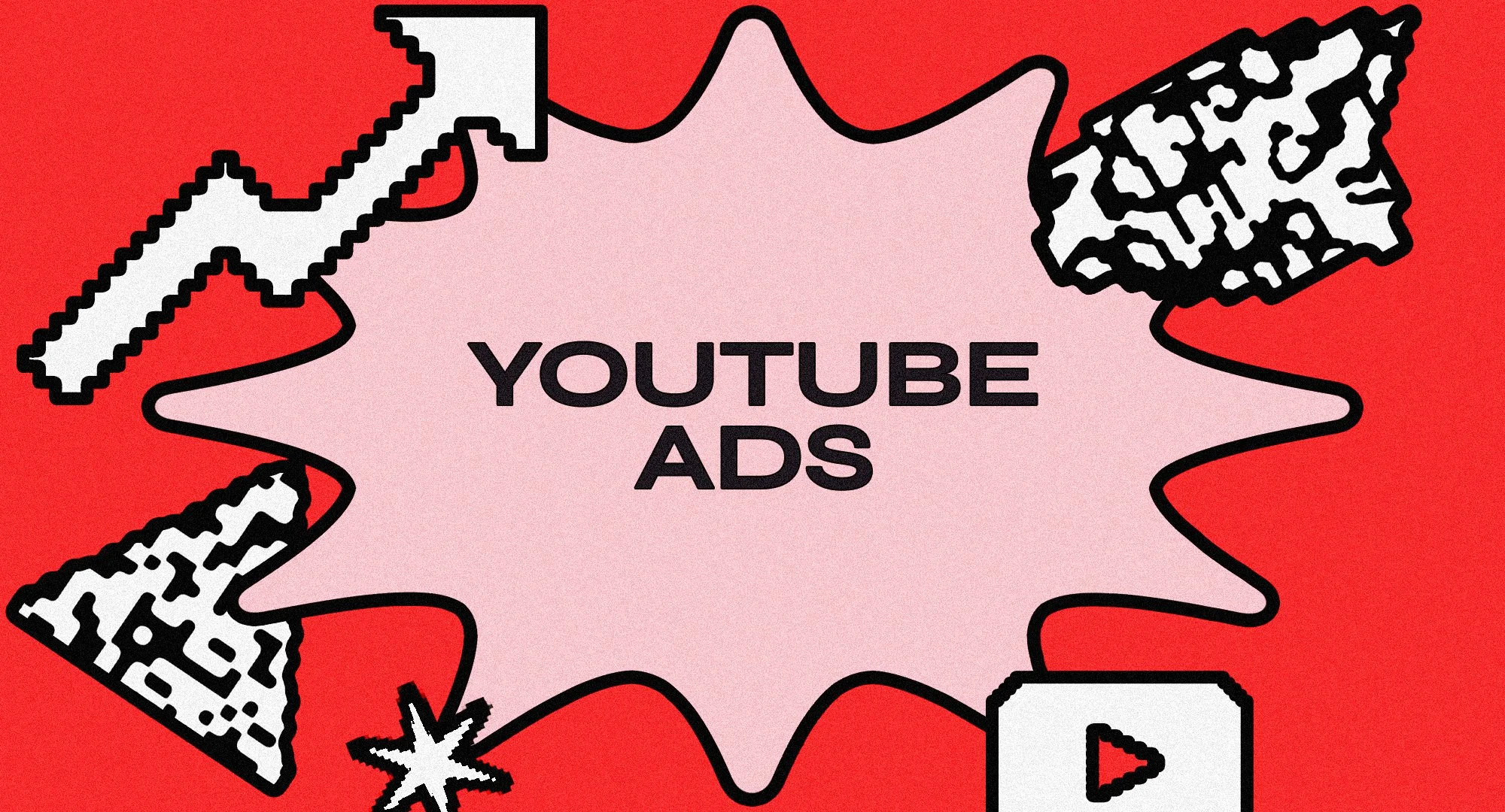 Digital illustration showing four pixelated social media icons (like, save, share, and play) surrounding a pink speech bubble containing the text "YOUTUBE ADS" on a red background.
