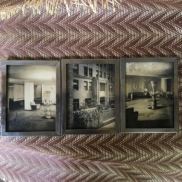 Trio of photos of New York City apartment building, late 1930s or early 40s. Two of the images feature an elegant lobby from different angles (note the wonderful deco frieze on the wall); the third, a brick facade. The metal frames are unusual, held 
