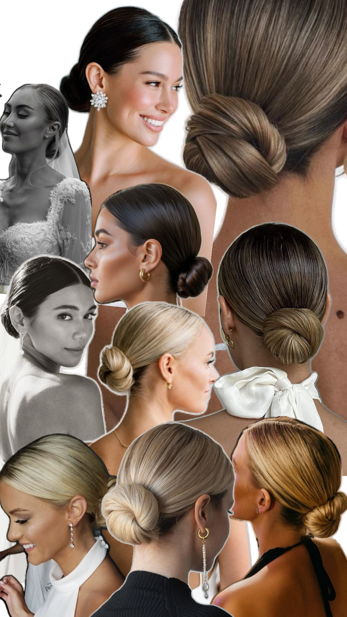 Collage of sleek low buns and polished chignon hairstyles, showcasing smooth, minimal updos suitable for festive styling at a Leamington Spa hair salon.