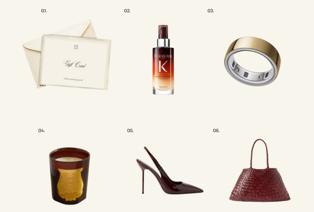Flat-lay image showing Carmen’s curated gift edit: a Carmen Walker gift card, Kérastase 8H Magic Night Serum, Oura Ring, Trudon candle, burgundy slingback heel, and a woven burgundy handbag.