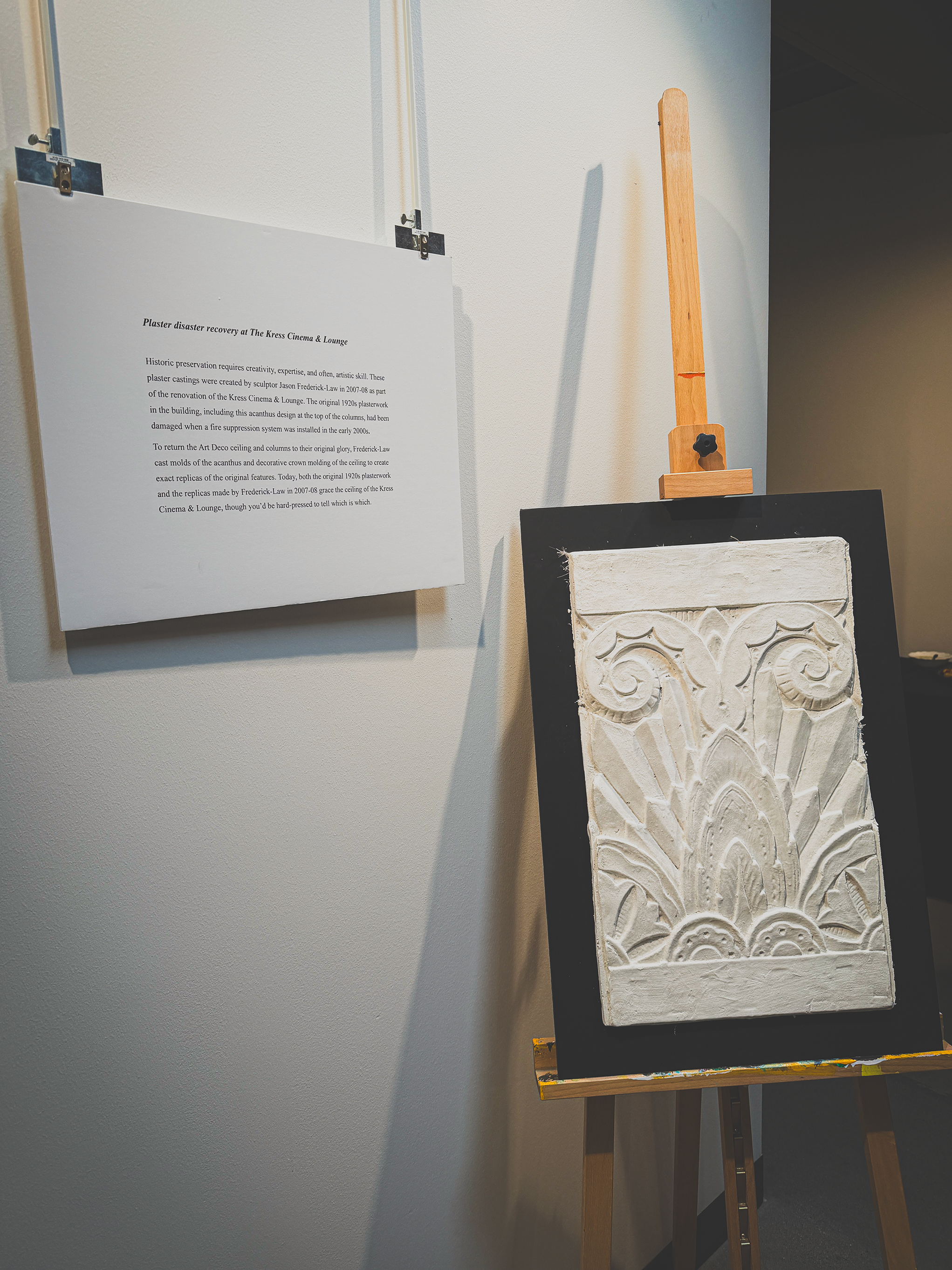  A sample of the original shallow relief plaster crown molding from the Kress is on display as part of the Historic Preservation exhibition in the Greeley Creative Arts Center. 