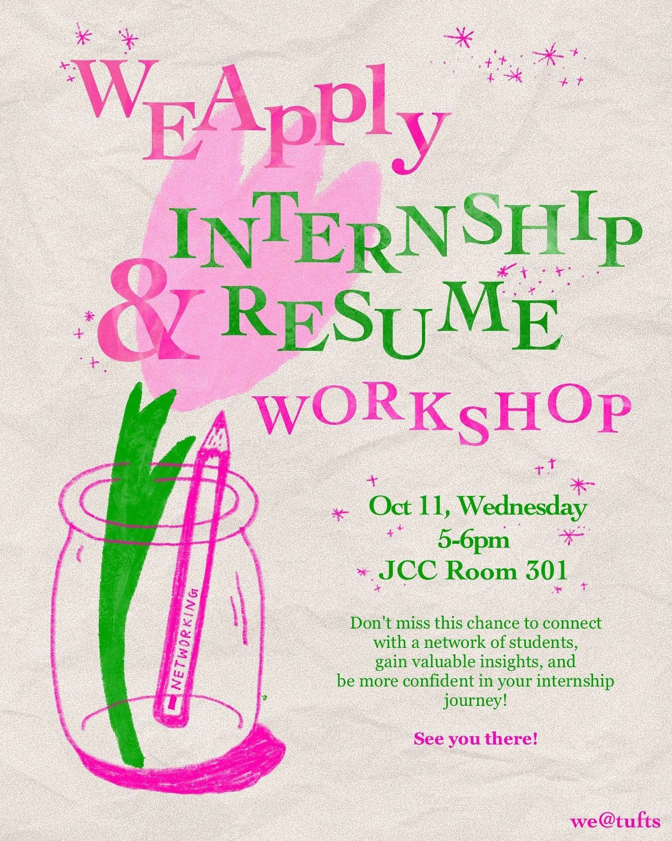 Join us this upcoming Wednesday (10/11) in the JCC room 301 for WEApply, our internship and resume workshop!! We will be sharing our tips and tricks for crafting professional resumes and insights from our internship experiences. Excited to see you al