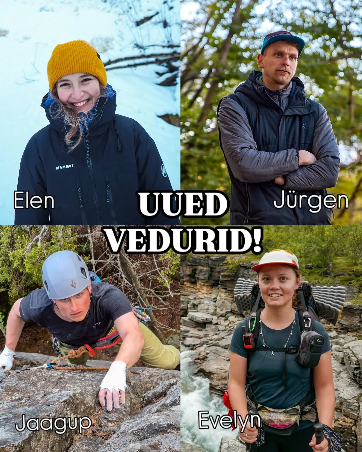 Meiega on liitunud mitte &uuml;ks, mitte kaks, vaid tervelt NELI uut vedurit! 🤩

Elen, Jaagup ja J&uuml;rgen viivad Sind kaljuronimisreisidele ning Evelyn jalgsimatka-, kanuu- ja kultuurireisidele.

Swipe'i edasi, et saada neist rohkem teada! 😉

Ku