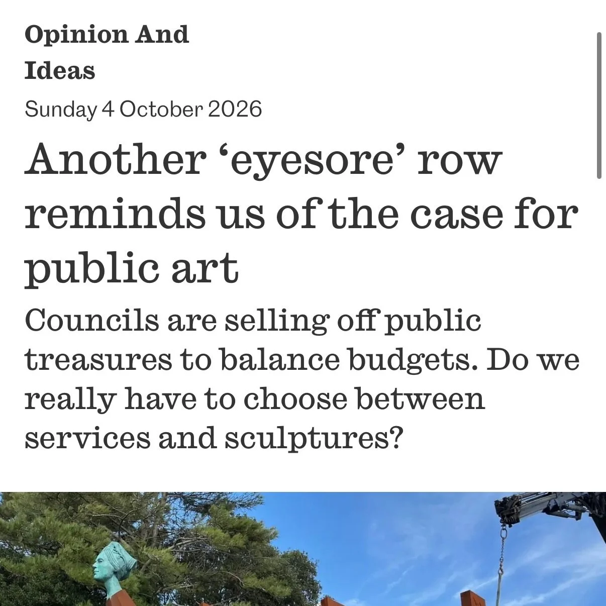In @theobserveruk I&rsquo;ve written in defence of public sculpture. Our rows about public art are nothing new, and rather than denigrating councils who commission new public artworks, we should look at those selling them off - Kent County Council qu